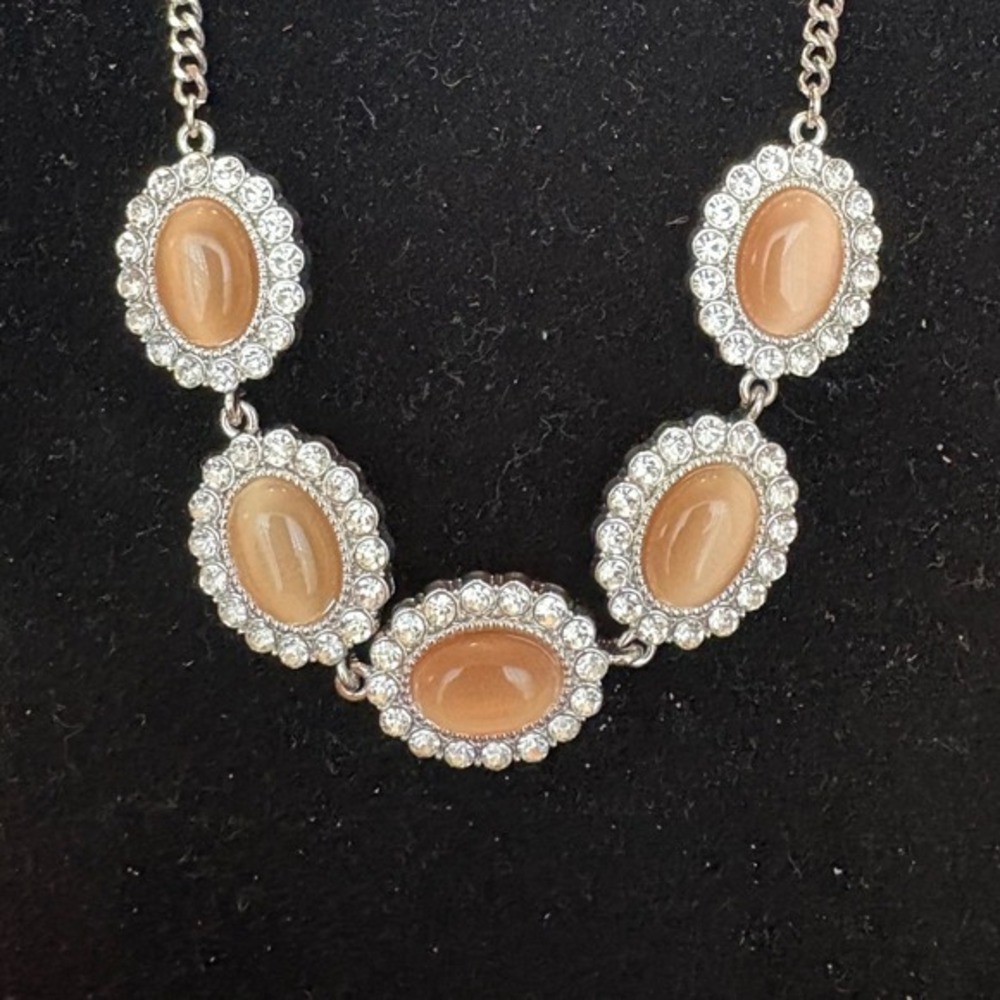 Silver Tone Peach Cats Eye Rhinestone Halo Statement Bib Necklace